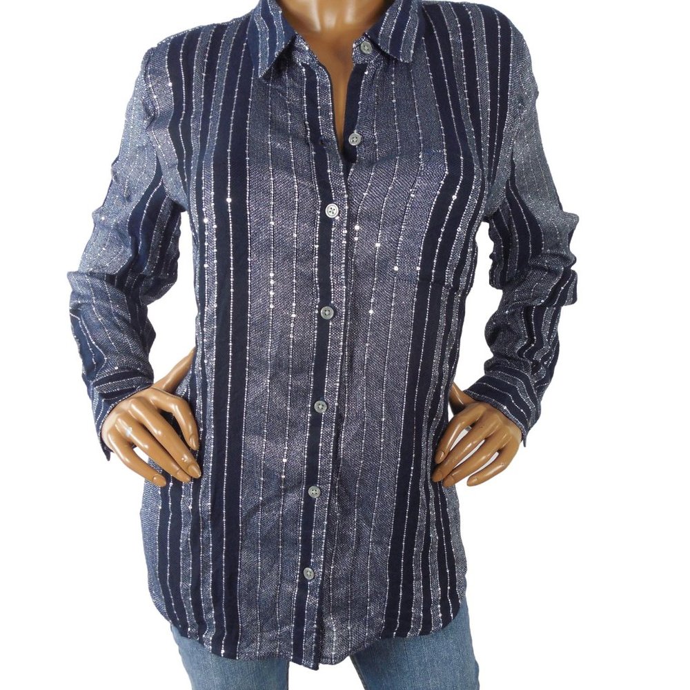 STYLE & CO Top L Navy Blue Striped Button Down Blouse Sequin Detail Party Shirt - Picture 4 of 13